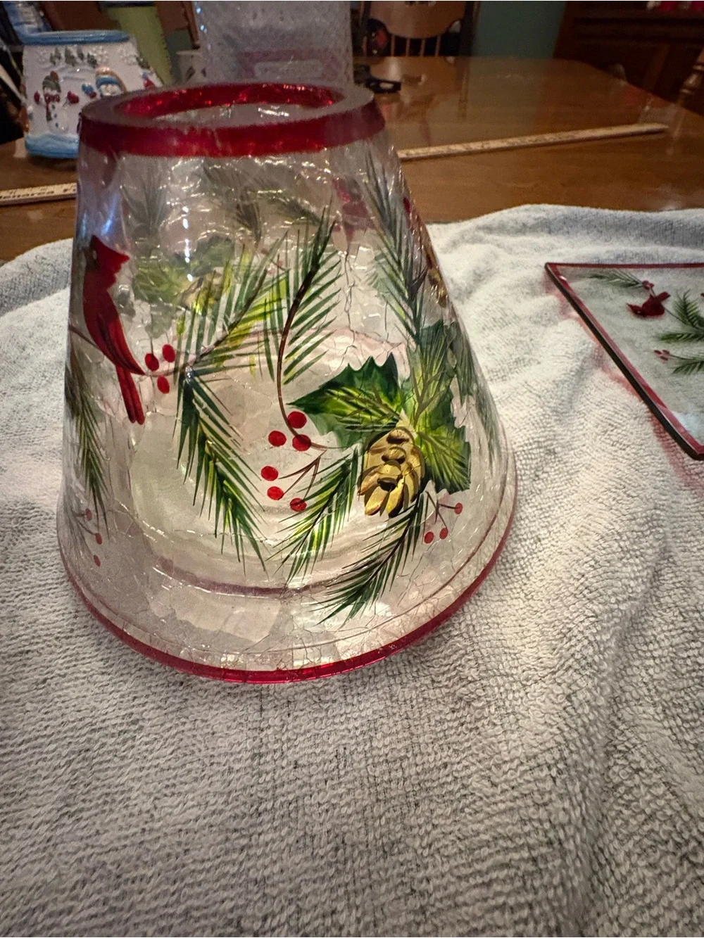 Yankee Candle Red-Trim Glass Hurricane and Tray with Pine & Cardinal Motif